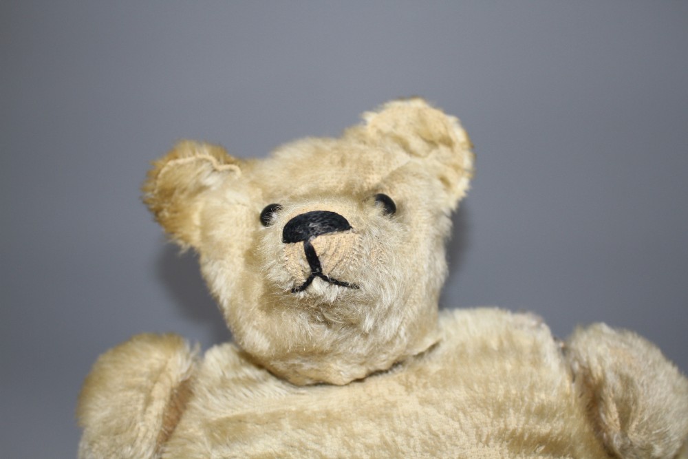 An early 20th century gold plush teddy bear hand warmer, with boot button eyes, length 40cm